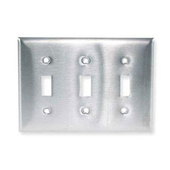 Hubbell SS3 Wallplate, Toggle Style, 3-Gang, 3-Toggle, Stainless Steel, Curved Corners
