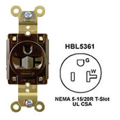 Hubbell HBL5361 20A/125V Extra Heavy Duty, Straight Blade Single Receptacle