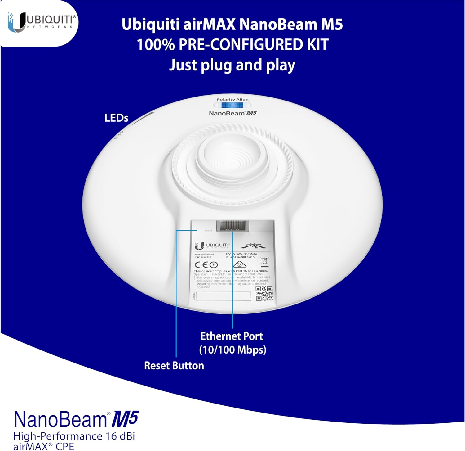 Pre-Configured Ubiquiti NanoBeam NBE-M5-16 Wireless Bridge (Plug & Play)