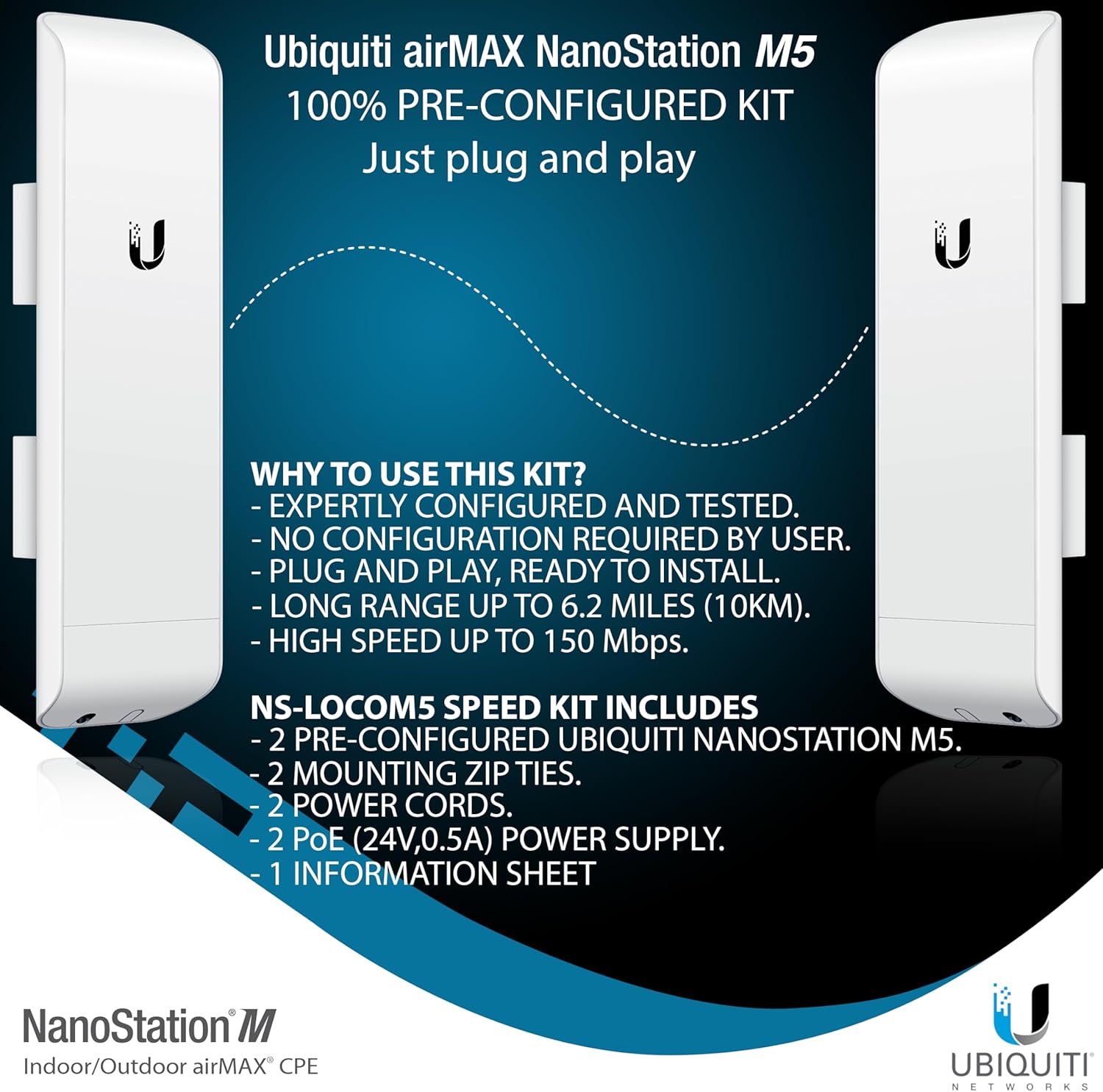 Ubiquiti NSM5 PRE-CONFIGURED Bundle of 2 Ubiquiti airMAX NanoStation M5, Point to Point Outdoor WiFi Bridge, Plugh and Play, 5GHz, 150+Mbps, 15+km Link Range, Network WiFi Bridge.